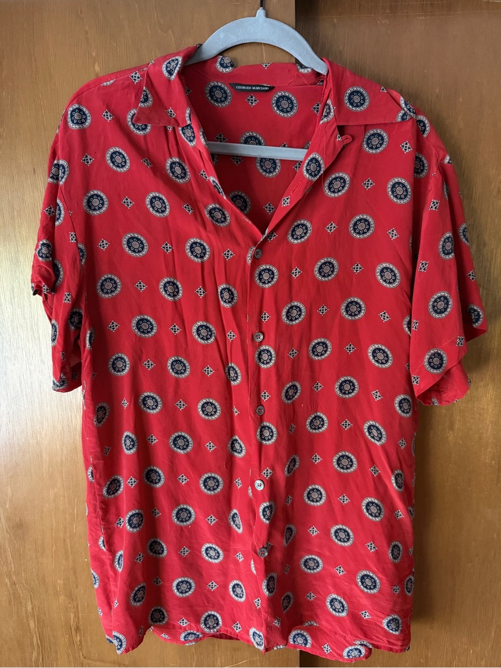 Men's Red Short-Sleeve Button-Up Shirt with Medallion Print